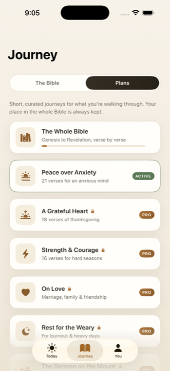 OneVerse reading plans: the whole Bible plus topical journeys like Peace over Anxiety.