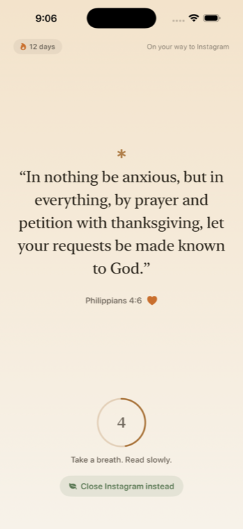 A OneVerse pause screen showing Philippians 4:6 over a warm, calm background with a breathing timer.